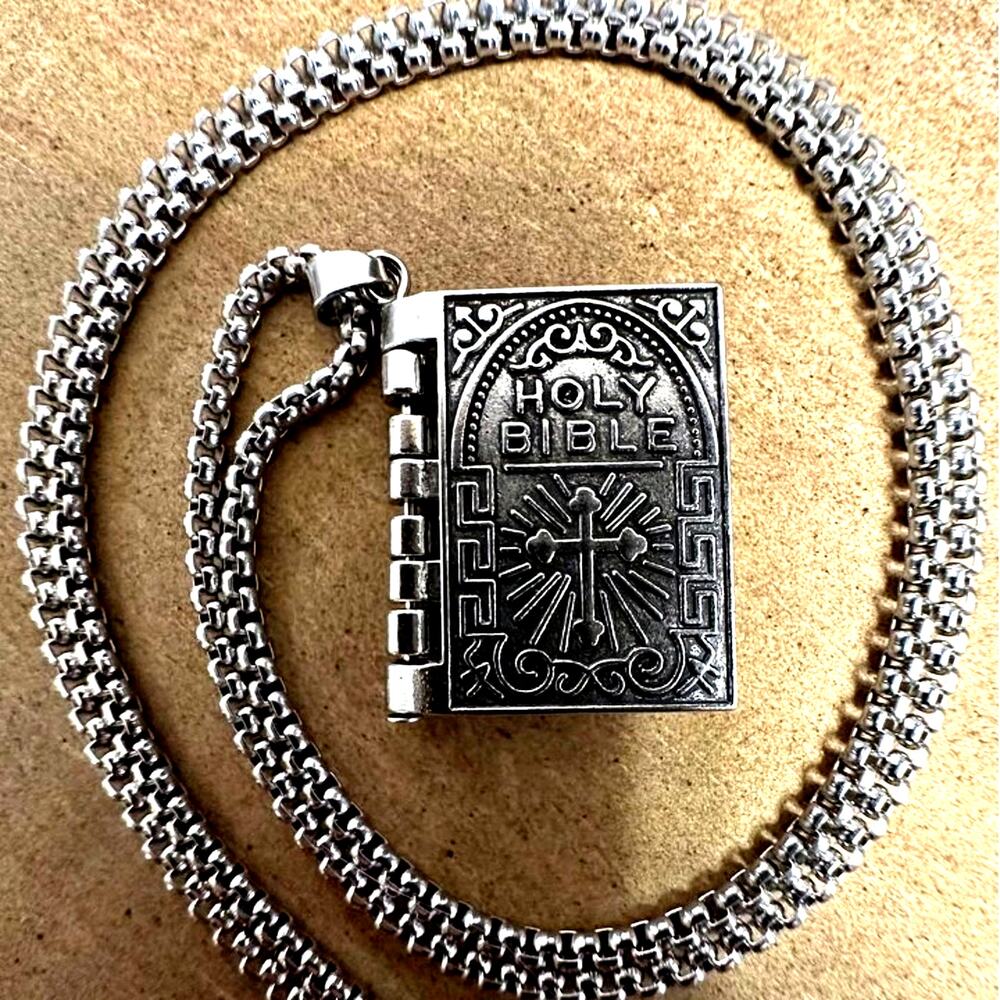 Silver Lord's Prayer Bible Necklace 24 in. 3mm Box Chain | Christian Jewelry NEW